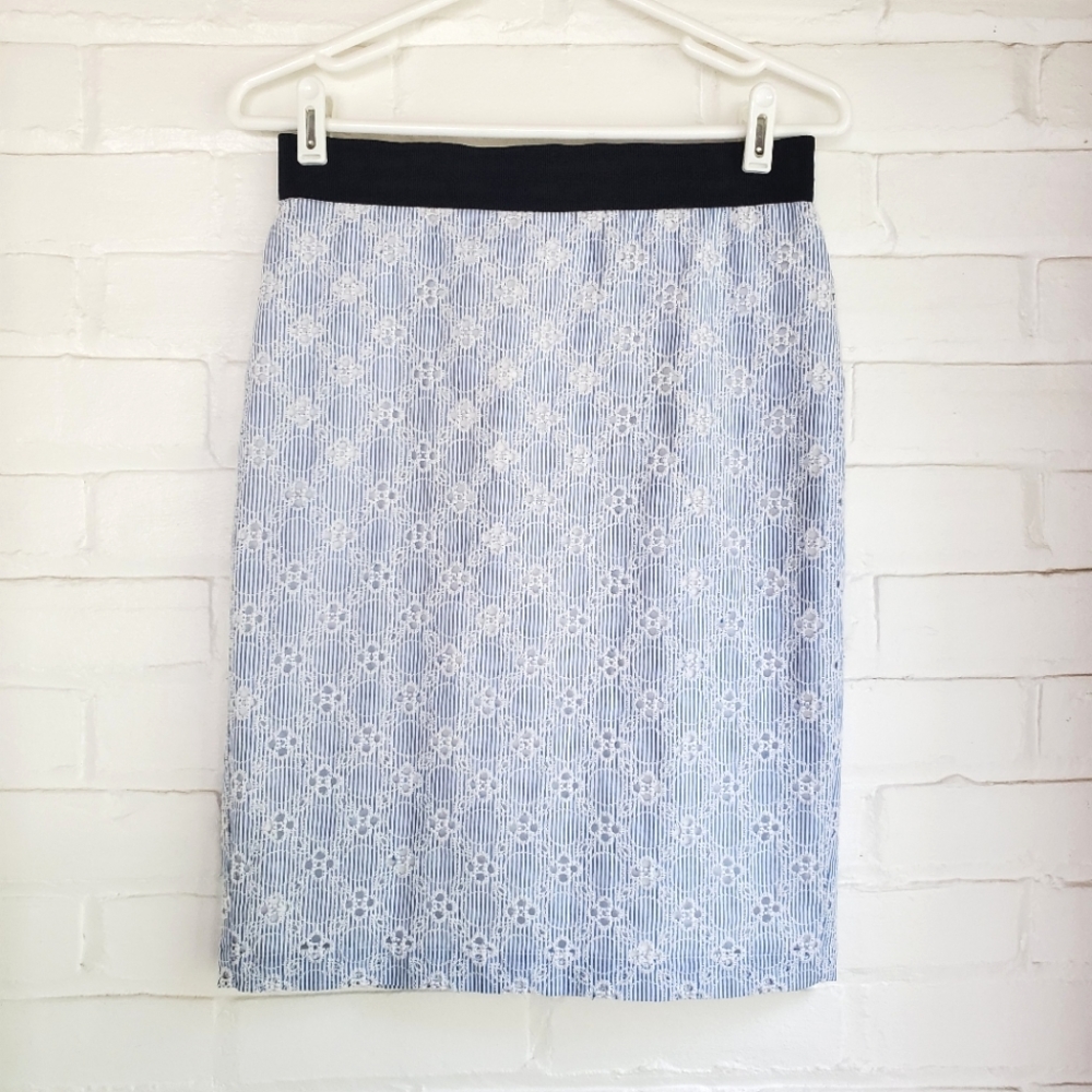 Ann Taylor Blue White Striped Eyelet Pencil Skirt